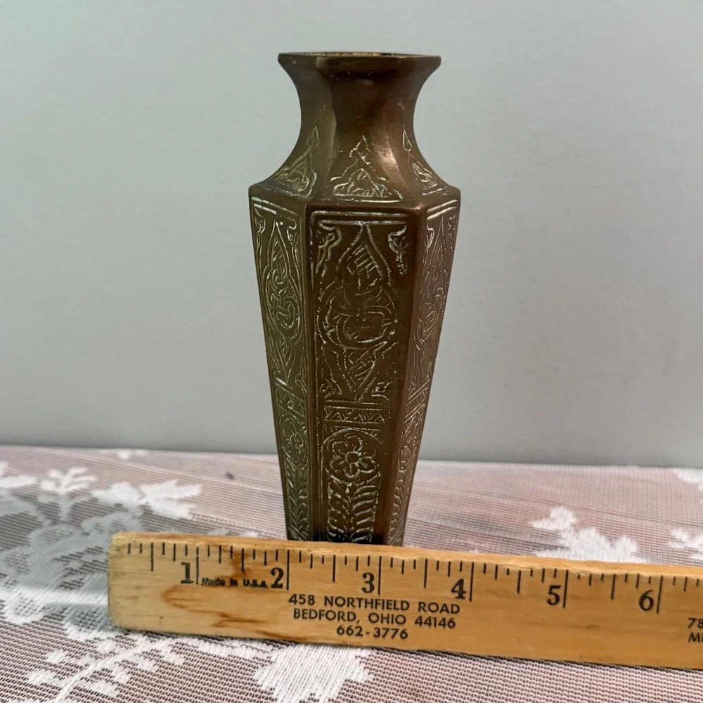 Vintage Etched Brass Bud Vase Unisex 5.5in Gold Middle Eastern Hexagonal